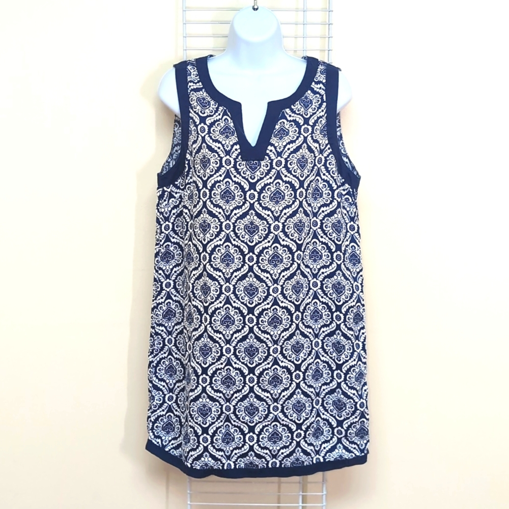 Sigrid Olsen MED Women's Blue & White 100% Linen V Neck Sleeveless Shift Dress